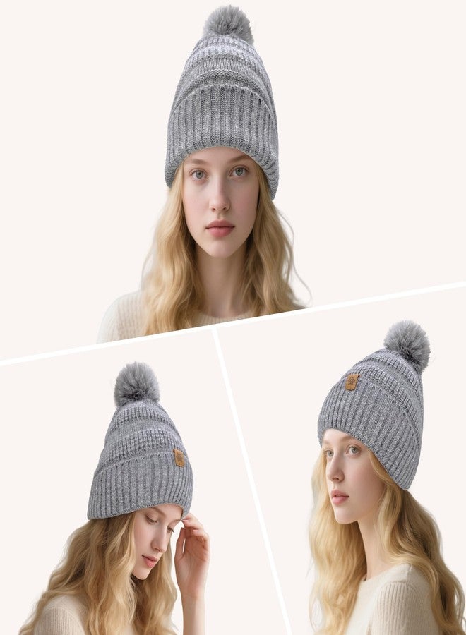 HOPSOOKEN Winter Beanie Hats for Women with Faux Fur Pom Warm Cozy Knit Fleece Thermal Snow Ski Skull Cap for Cold Weather(Grey) - Image 5